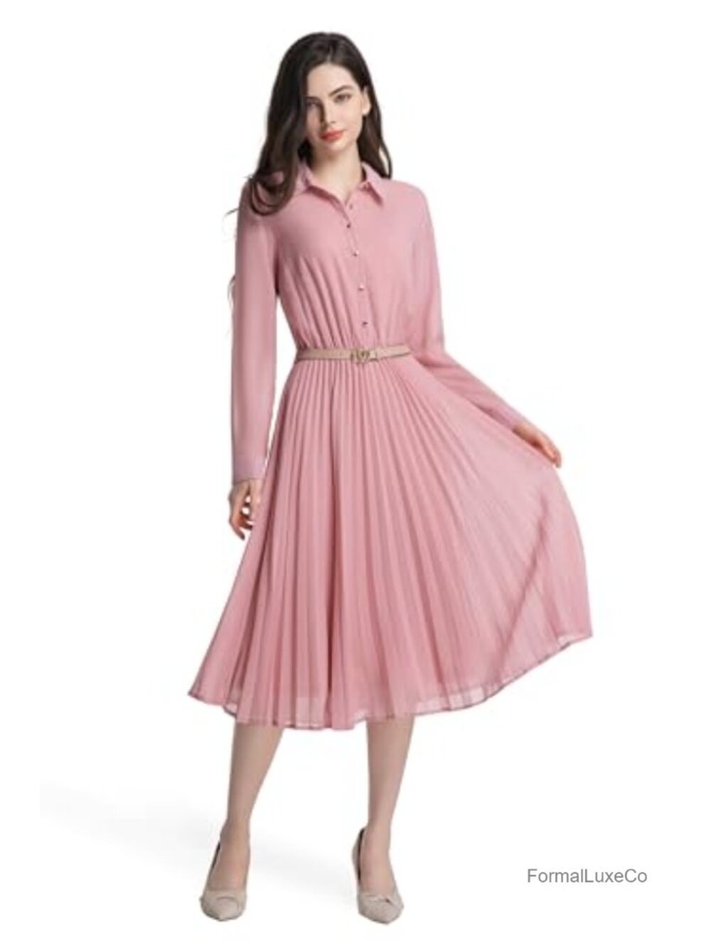Women's Midi Shirt Dress with Belt Business Casual Fit & Flare Work Dress
